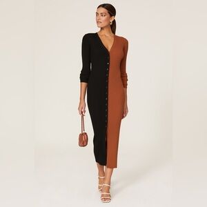 STAUD SHOKO COLORBLOCK RIB KNIT DRESS IN TAN AND BLACK SIZE S